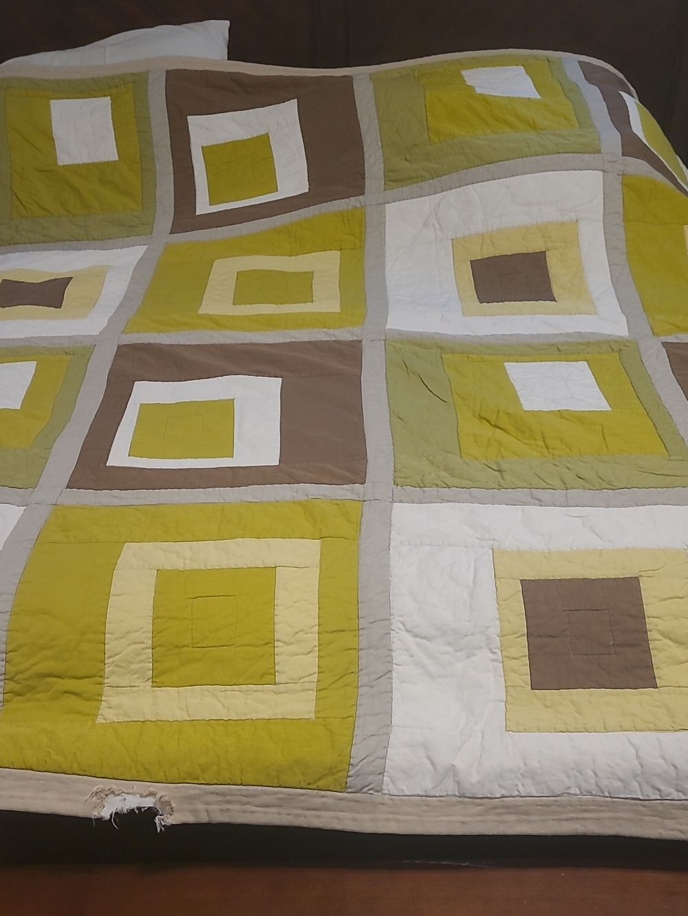 Contemporary Square Patchwork Quilt - Green, Brown & White